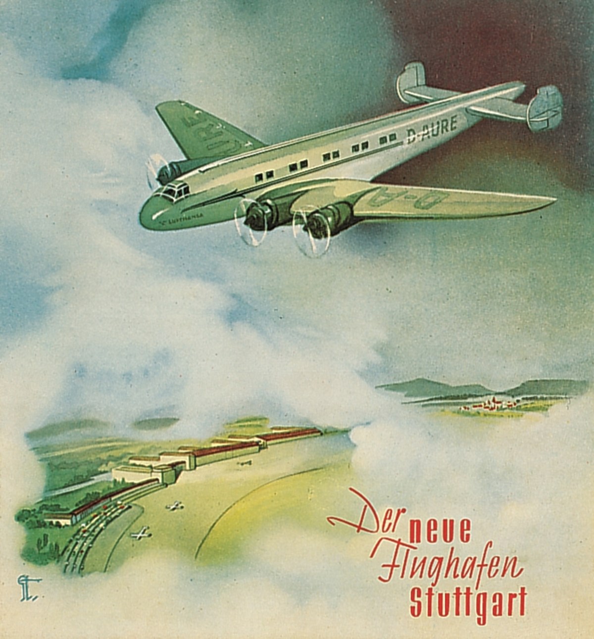 Historisches Poster mit einem Flugzeug zum Flughafen Stuttgart