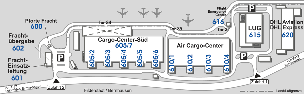 Lageplan Luftfrachtgebäude im Süden des Flughafens